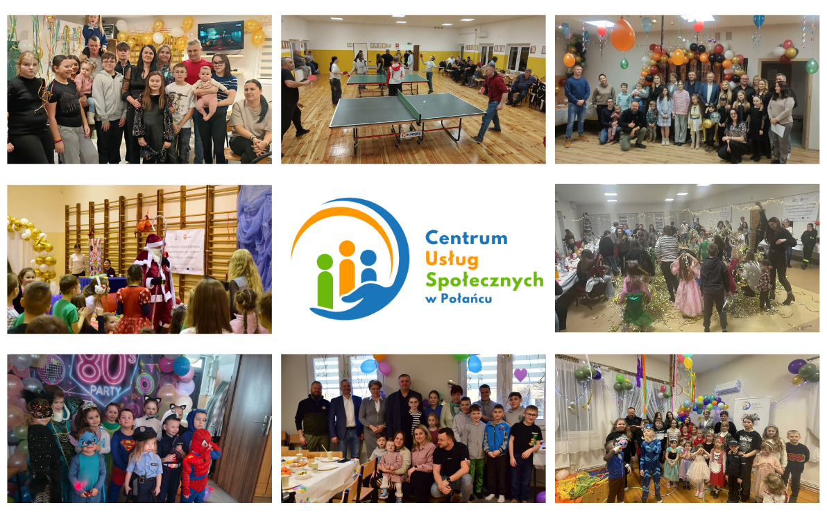 Kolaż zdjęć prezentujący inicjatywy społeczno-kulturalne.  Element centralny: W samym środku grafiki znajduje się logo Centrum Usług Społecznych w&nbsp;Połańcu. Logo przedstawia trzy uproszczone postacie (w kolorach zielonym, ż&oacute;łtym i&nbsp;niebieskim) otoczone błękitnym i&nbsp;pomarańczowym łukiem, co symbolizuje opiekę i&nbsp;wsp&oacute;lnotę.  Zawartość wizualna (8 zdjęć wok&oacute;ł logo): Kolaż przedstawia relację z&nbsp;ferii zimowych, skupiając się na&nbsp;integracji dzieci i&nbsp;dorosłych:      Aktywność sportowa: Jedno ze zdjęć pokazuje osoby grające w&nbsp;tenisa stołowego na&nbsp;dużej sali gimnastycznej.      Wydarzenia tematyczne: Zdjęcie z&nbsp;osobą przebraną za świętego Mikołaja rozmawiającą z&nbsp;dziećmi oraz&nbsp;grupa dzieci w&nbsp;kolorowych strojach karnawałowych (m.in. Spider-Man, policjant, księżniczki) na&nbsp;tle dekoracji &bdquo;80's Party&rdquo;.      Zabawa i&nbsp;integracja: Zdjęcia dzieci bawiących się w&nbsp;deszczu srebrnego konfetti oraz&nbsp;liczne pamiątkowe fotografie grupowe uczestnik&oacute;w i&nbsp;kadry w&nbsp;udekorowanych balonami salach.      Spotkania przy stole: Jedno z&nbsp;ujęć przedstawia grupę os&oacute;b w&nbsp;r&oacute;żnym wieku siedzących przy wsp&oacute;lnym posiłku w&nbsp;przyjaznej, domowej atmosferze.