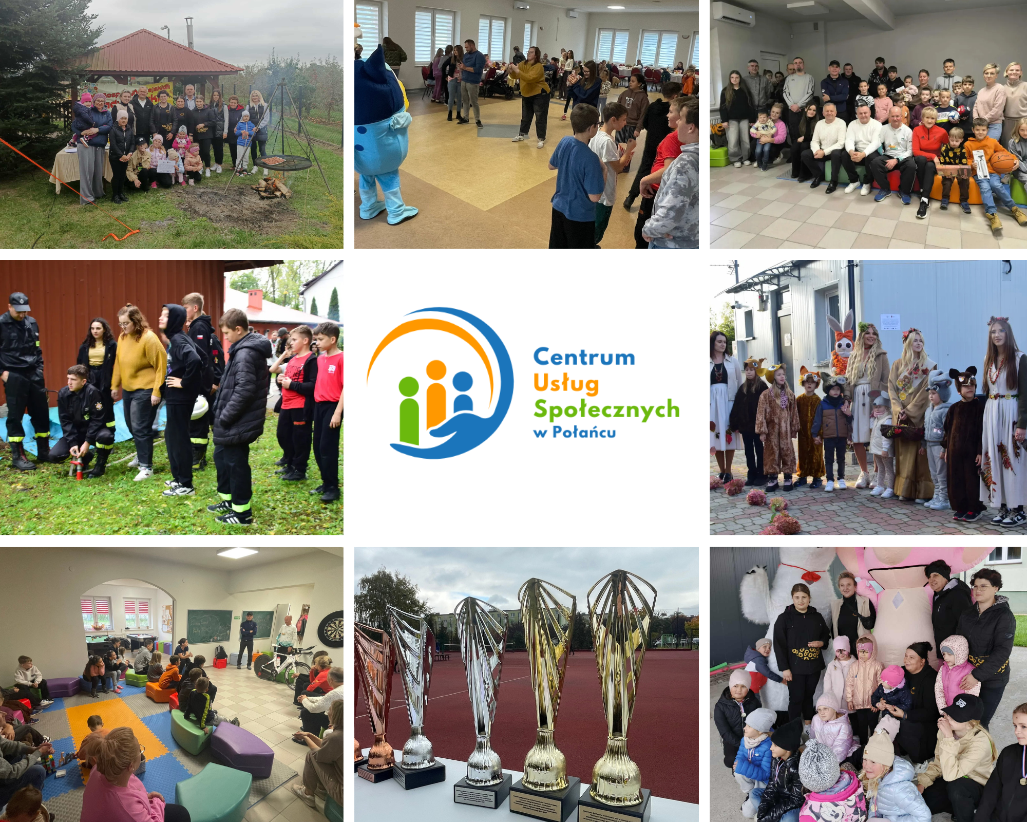 Zdjęcie to kolaż ośmiu mniejszych zdjęć oraz&nbsp;centralnego logo. Wszystkie fotografie przedstawiają r&oacute;żnorodne wydarzenia i&nbsp;aktywności społecznościowe w&nbsp;ramach projekt&oacute;w CUS Połaniec.  Centralnie umieszczone jest logo Centrum Usług Społecznych w&nbsp;Połańcu, przedstawiające trzy stylizowane postacie (jedna pomarańczowa, dwie zielone, w&nbsp;tym jedna na&nbsp;w&oacute;zku inwalidzkim), otoczone niebieskim i&nbsp;zielonym łukiem, symbolizującym opiekę i&nbsp;wsparcie.  Poszczeg&oacute;lne zdjęcia ukazują:      G&oacute;rny rząd (od lewej do prawej):          Grupa os&oacute;b (dorośli i&nbsp;dzieci) zgromadzona pod altaną na&nbsp;świeżym powietrzu, z&nbsp;widocznym ogniskiem lub&nbsp;piecem. To scena biesiady lub&nbsp;spotkania integracyjnego.          Wydarzenie z&nbsp;udziałem dzieci i&nbsp;młodzieży w&nbsp;dużej sali, z&nbsp;postacią w&nbsp;kostiumie maskotki (niebieska postać) oraz&nbsp;animatorem.          Duża grupa dorosłych i&nbsp;dzieci siedzących na&nbsp;podłodze i&nbsp;krzesłach w&nbsp;jasnym pomieszczeniu, prawdopodobnie podczas prelekcji lub&nbsp;spotkania.      Środkowy rząd (od lewej do prawej, obok centralnego logo):          Grupa młodych ludzi w&nbsp;strojach strażackich lub&nbsp;ochotnik&oacute;w, stojących na&nbsp;zewnątrz obok strażak&oacute;w.          Grupa dzieci i&nbsp;młodzieży ubranych w&nbsp;stroje bajkowe lub&nbsp;tematyczne (np. Halloween), stojących na&nbsp;scenie lub&nbsp;przed nią.      Dolny rząd (od lewej do prawej):          Spotkanie dzieci i&nbsp;dorosłych w&nbsp;jasnej sali z&nbsp;kolorowymi pufami i&nbsp;elementami wyposażenia przypominającymi świetlicę lub&nbsp;salę zabaw.          Cztery duże, srebrne puchary sportowe stojące na&nbsp;czerwonym tle, prawdopodobnie na&nbsp;stadionie lub&nbsp;boisku sportowym.          Grupa dzieci i&nbsp;dorosłych (gł&oacute;wnie kobiety) zgromadzona na&nbsp;zewnątrz, z&nbsp;widocznymi kolorowymi balonami i&nbsp;dekoracjami, prawdopodobnie podczas festynu lub&nbsp;imprezy plenerowej.  Kolaż og&oacute;lnie ilustruje szeroki zakres działań integracyjnych, edukacyjnych, rekreacyjnych i&nbsp;kulturalnych, skierowanych do r&oacute;żnych grup wiekowych w&nbsp;społeczności lokalnej.