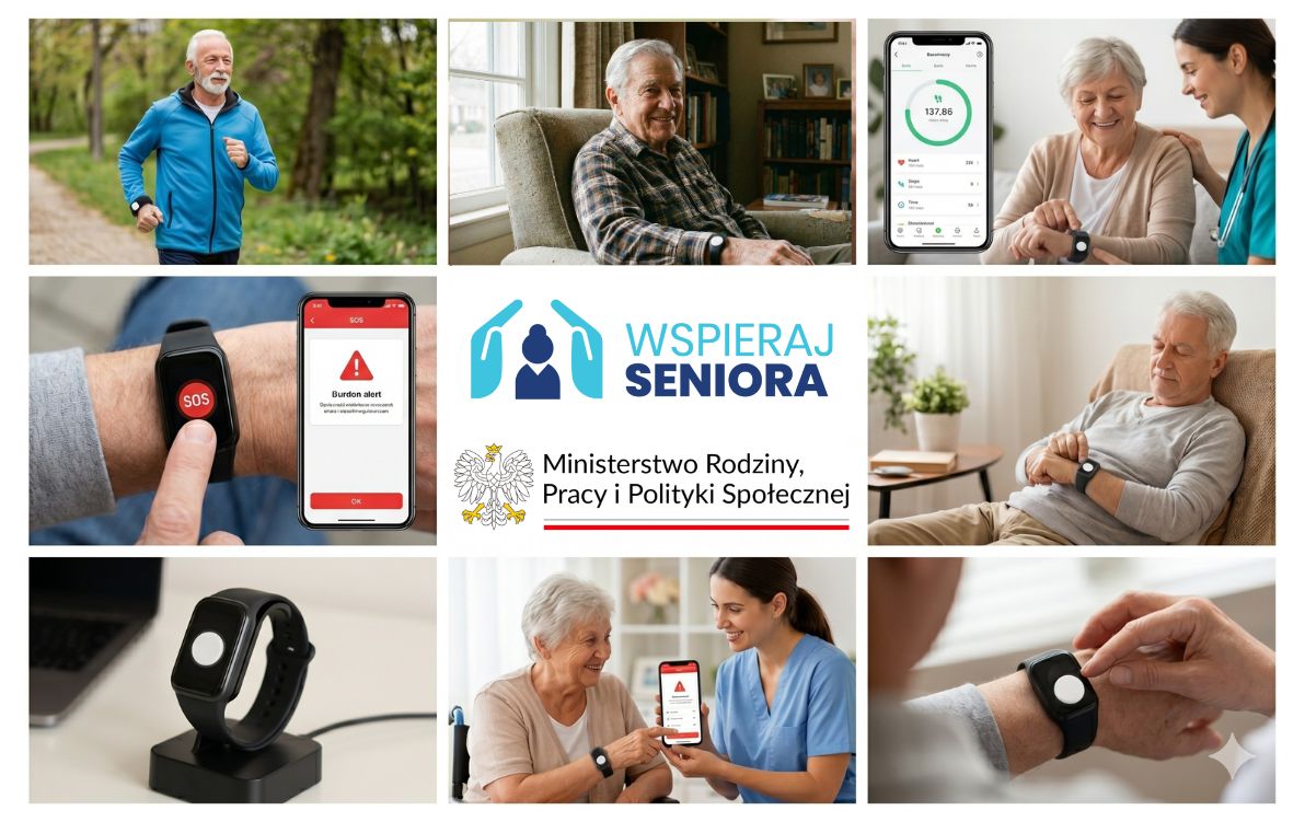 Kolaż zdjęć promujący program &bdquo;Wspieraj Seniora&rdquo; oraz&nbsp;wykorzystanie opasek telemedycznych w&nbsp;opiece nad osobami starszymi. Szczeg&oacute;łowy opis zawartości  Grafika składa się z&nbsp;ośmiu zdjęć oraz&nbsp;centralnie umieszczonych logotyp&oacute;w, kt&oacute;re ilustrują działanie systemu opieki na&nbsp;odległość.      Sekcja centralna:          Logotyp programu &bdquo;Wspieraj Seniora&rdquo; (przedstawiający dłonie otaczające sylwetkę seniora).          Logotyp Ministerstwa Rodziny, Pracy i&nbsp;Polityki Społecznej (godło Polski i&nbsp;nazwa resortu).      Zastosowanie w&nbsp;codziennym życiu (g&oacute;rny i&nbsp;prawy panel):          Senior uprawiający jogging w&nbsp;parku z&nbsp;czarną opaską na&nbsp;nadgarstku.          Uśmiechnięty starszy mężczyzna odpoczywający w&nbsp;fotelu, mający na&nbsp;ręku urządzenie monitorujące.          Senior na&nbsp;kanapie sprawdzający godzinę lub&nbsp;parametry na&nbsp;opasce.      Wsparcie personelu i&nbsp;technologia (lewy i&nbsp;dolny panel):          Zbliżenie na&nbsp;opaskę z&nbsp;czerwonym przyciskiem SOS oraz&nbsp;smartfon z&nbsp;wyświetlonym powiadomieniem o&nbsp;alercie.          Pielęgniarka/opiekunka analizująca wsp&oacute;lnie z&nbsp;seniorką dane w&nbsp;aplikacji mobilnej (widoczne wykresy tętna i&nbsp;licznik krok&oacute;w).          Zdjęcie czarnej opaski umieszczonej na&nbsp;stacji ładującej.          Pracownik medyczny pokazujący seniorce alert bezpieczeństwa na&nbsp;ekranie telefonu.      Funkcjonalność:     Grafika podkreśla prostotę obsługi (duży biały przycisk na&nbsp;opasce), mobilność urządzenia oraz&nbsp;stałe połączenie z&nbsp;centrum monitoringu lub&nbsp;opiekunem, co zwiększa poczucie bezpieczeństwa senior&oacute;w.