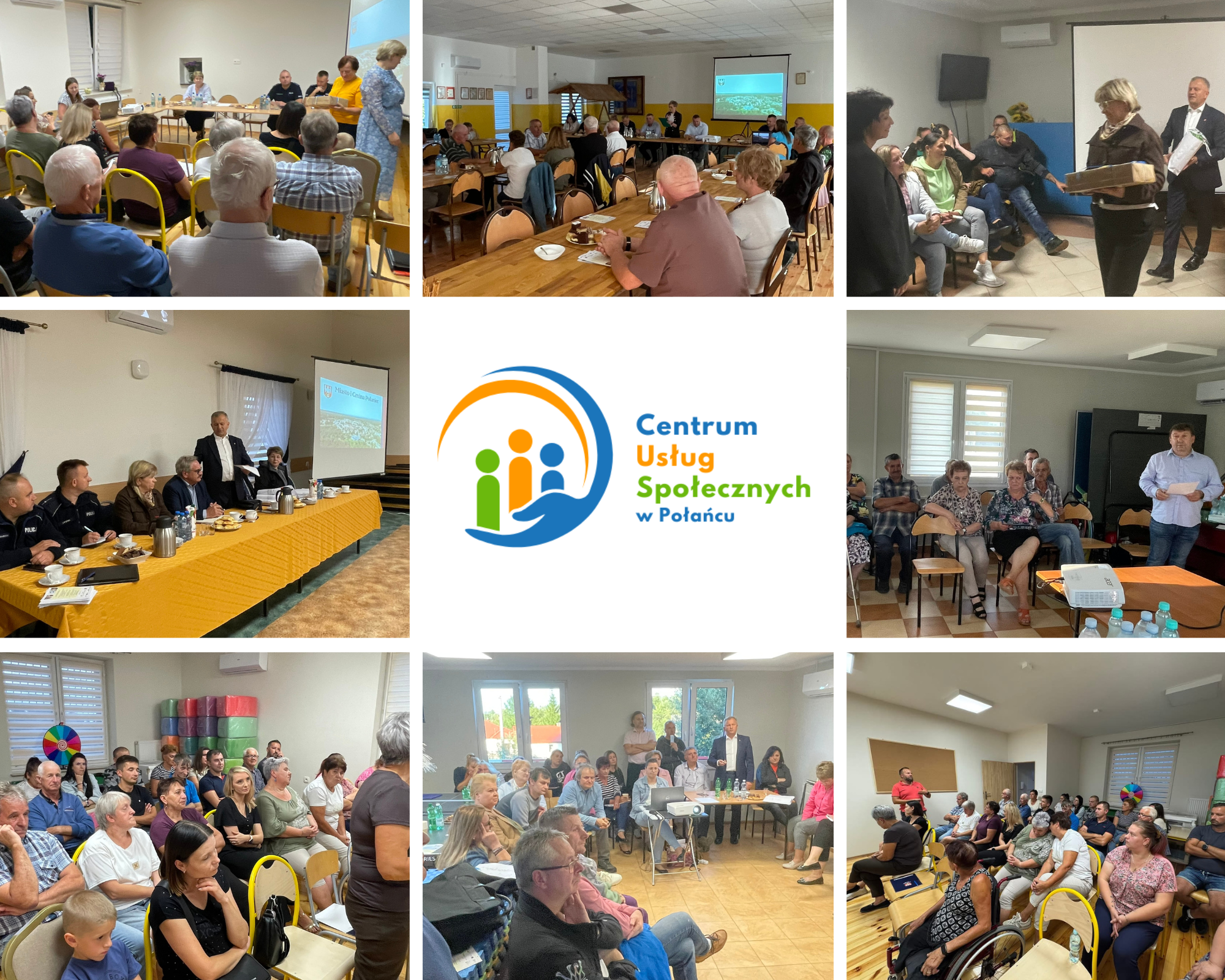 Zdjęcie przedstawia dużą grupę Zdjęcie to kolaż ośmiu mniejszych zdjęć oraz&nbsp;centralnego logo. Wszystkie zdjęcia przedstawiają spotkania z&nbsp;mieszkańcami, prawdopodobnie w&nbsp;ramach zebrań wiejskich lub&nbsp;osiedlowych, w&nbsp;r&oacute;żnych salach i&nbsp;świetlicach.  Centralnie umieszczone jest logo Centrum Usług Społecznych w&nbsp;Połańcu, przedstawiające trzy stylizowane postacie (jedna pomarańczowa, dwie zielone, w&nbsp;tym jedna na&nbsp;w&oacute;zku inwalidzkim), otoczone niebieskim i&nbsp;zielonym łukiem, symbolizującym opiekę i&nbsp;wsparcie.  Poszczeg&oacute;lne zdjęcia ukazują:      G&oacute;rny rząd (od lewej do prawej):          Duża grupa mieszkańc&oacute;w siedzących przy stołach, słuchających prelegenta. Widać projektor i&nbsp;tablicę.          Podobna scena, mieszkańcy siedzą przy drewnianych stołach.          Mniejsza grupa os&oacute;b, gdzie kobieta wręcza komuś dokumenty lub&nbsp;upominek.      Środkowy rząd (od lewej do prawej, obok centralnego logo):          Mężczyzna (prawdopodobnie OSL) przemawiający do zebranych przy stole, na&nbsp;kt&oacute;rym widać napoje. W tle widoczny ekran z&nbsp;prezentacją.          Mężczyzna (prawdopodobnie OSL) przemawiający do mniejszej grupy mieszkańc&oacute;w siedzących na&nbsp;krzesłach.      Dolny rząd (od lewej do prawej):          Duża grupa mieszkańc&oacute;w, w&nbsp;tym dzieci, siedzących na&nbsp;krzesłach i&nbsp;słuchających prelegenta.          Większa grupa mieszkańc&oacute;w siedząca przy stołach, słuchająca prelegenta. W tle widać otwarte okna.          Duża grupa mieszkańc&oacute;w siedząca na&nbsp;krzesłach, w&nbsp;pomieszczeniu z&nbsp;jasnymi ścianami.  Og&oacute;lnie kolaż ilustruje szeroki zakres spotkań i&nbsp;zaangażowania OSL z&nbsp;lokalnymi społecznościami.