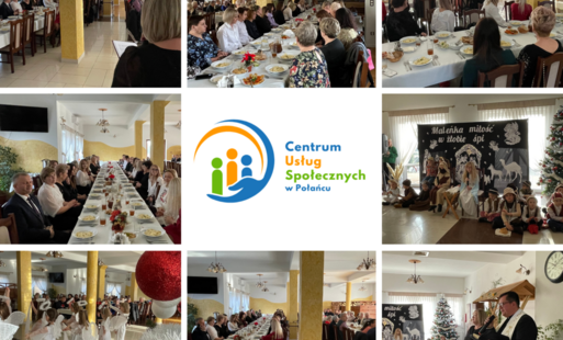 Grafika przedstawia dziewięć pól ułożonych w siatkę, dokumentujących uroczystość wigilijną w dużej, jasnej sali bankietowej z żółtymi kolumnami.  Centralny punkt: W środku kolażu znajduje się oficjalne kolorowe logo Centrum Usług Społecznych w Połańcu na 