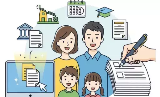 Obraz to kolorowa ilustracja przedstawiająca rodzinę (rodzice i dwoje dzieci) w centrum. Wokół nich rozmieszczone są ikony symbolizujące różne aspekty życia i usług: budynek, kalendarz, czapka absolwenta, dokumenty, budynek użyteczności publicznej, komput