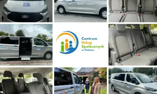 Kolaż składający się z sześciu ujęć oraz wyraźnego logo Centrum Usług Społecznych (CUS) w Połańcu. Zdjęcia najprawdopodobniej przedstawiają różne detale i funkcjonalności busa CUS (np. przystosowanie dla osób niepełnosprawnych, wnętrze, ujęcia zewnętrzne 