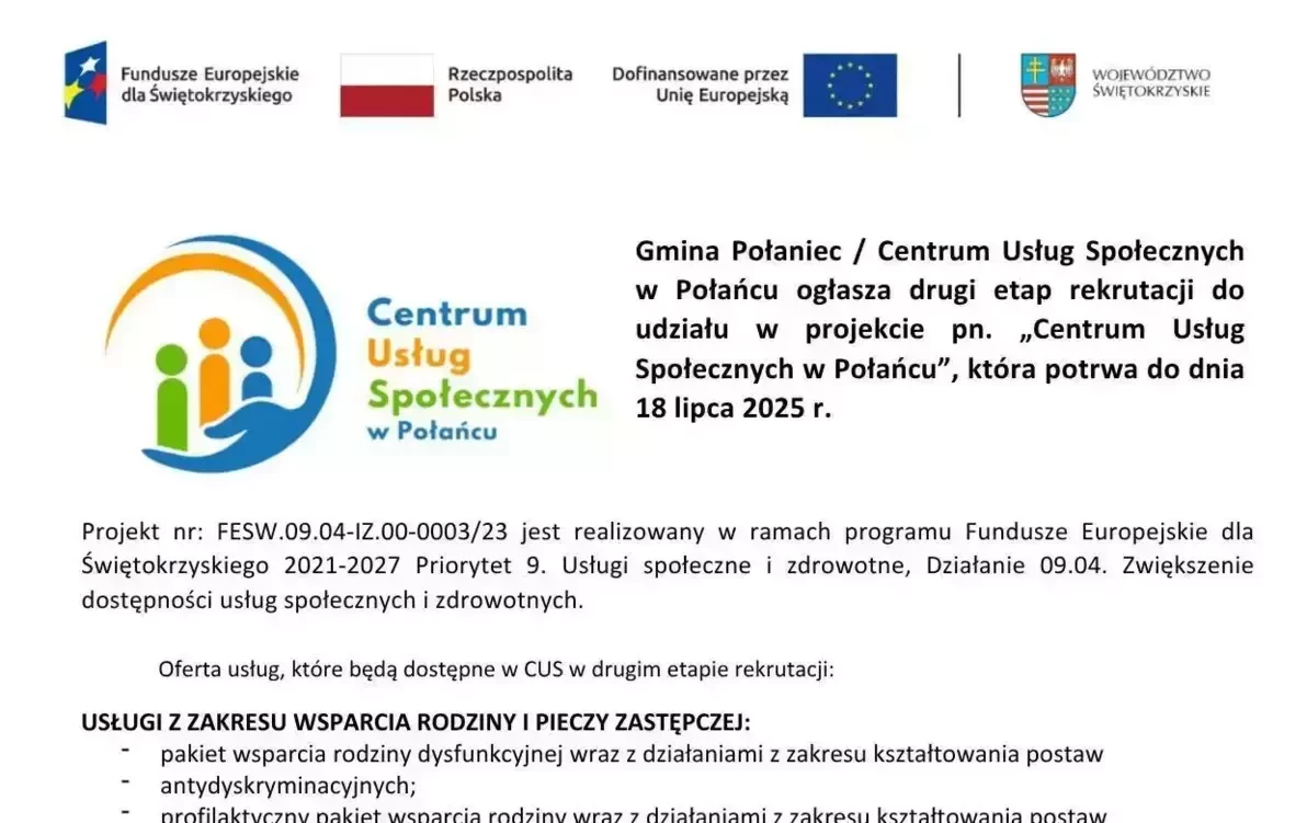 Zdjęcie do Drugi etap rekrutacji do projektu &bdquo;Centrum Usług Społecznych w Połańcu&rdquo;