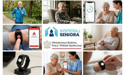 Kolaż zdjęć promujący program „Wspieraj Seniora” oraz wykorzystanie opasek telemedycznych w opiece nad osobami starszymi. Szczegółowy opis zawartości  Grafika składa się z ośmiu zdjęć oraz centralnie umieszczonych logotypów, które ilustrują działanie syst