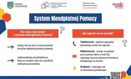 Infografika edukacyjna Powiatu Staszowskiego przedstawiająca zasady i sposób zapisów na nieodpłatne porady w ramach Systemu Nieodpłatnej Pomocy.  Nagłówek i logotypy (górny pasek)      W górnej części umieszczono cztery logotypy: Powiat Staszowski, Nieodp
