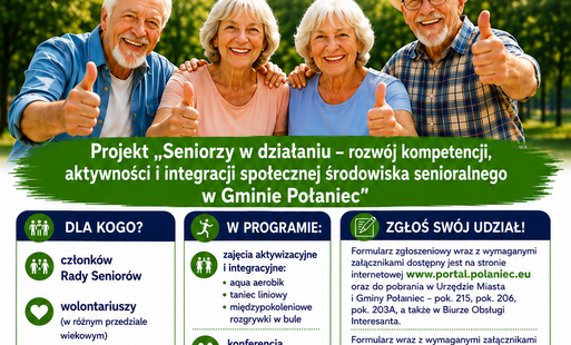 Plakat rekrutacyjny Gminy Połaniec zapraszający do udziału w projekcie „Seniorzy w działaniu – rozwój kompetencji, aktywności i integracji społecznej środowiska senioralnego w Gminie Połaniec”.  Nagłówek i zdjęcie główne      Góra plakatu: Herb Połańca z 