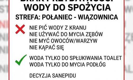 Opis alternatywny grafiki (WCAG)  Tytuł: Oficjalny komunikat ostrzegawczy Urzędu Miasta i Gminy Połaniec informujący o braku przydatności wody do spożycia w strefie Połaniec – Wiązownica (z dnia 17.08.2026 r.). Nagłówek  Czerwony trójkąt ostrzegawczy z wy