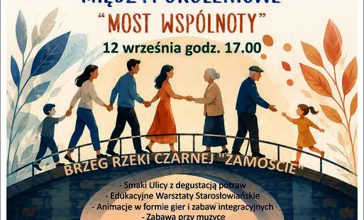 Plakat informuje o wydarzeniu „Kultura bez barier – aktywizacja i integracja. Spotkanie międzypokoleniowe Most Wspólnoty”, organizowanym przez Centrum Usług Społecznych w Połańcu oraz Stowarzyszenie „Działaj z Energią”. Wydarzenie skierowane jest do uczestników projektu „Centrum Usług Społecznych w Połańcu” i odbędzie się 12 września o godz. 17:00 nad brzegiem rzeki Czarnej „Zamoście”.  W programie przewidziano: Smaki Ulicy z degustacją potraw, edukacyjne warsztaty starosłowiańskie, animacje w formie gier i zabaw integracyjnych oraz zabawę przy muzyce. Organizatorzy zapewniają wspólne pieczenie kiełbasek przy ognisku i niezapomniane wrażenia.  Rekrutacja trwa do 10 września. Zapisy i szczegółowe informacje dostępne są w Centrum Usług Społecznych w Połańcu w godzinach 7:00–15:00, osobiście w pokoju nr 113 lub telefonicznie pod numerem 15 865 04 26.  Wydarzenie realizowane jest w ramach zadania publicznego „Działania wspierające usługi społeczne z zakresu: wsparcia rodziny, wsparcia osób z niepełnosprawnością, osób starszych, usług zdrowotnych, opiekuńczych, wsparcia opiekunów faktycznych z uwzględnieniem działań z zakresu kształtowania postaw antydyskryminacyjnych” w projekcie „Centrum Usług Społecznych w Połańcu”, współfinansowanym ze środków Unii Europejskiej w ramach programu regionalnego Fundusze Europejskie dla Świętokrzyskiego 2021–2027.  Grafika przedstawia osoby w różnym wieku idące po moście, co symbolizuje integrację międzypokoleniową, współpracę i budowanie wspólnoty.