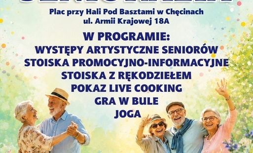 Plakat informuje o wydarzeniu Senioralia 2026, na które zaprasza Wojewoda Świętokrzyski Józef Bryk. Wydarzenie odbędzie się 16 września 2026 r. o godz. 10:00 na placu przy Hali Pod Basztami w Chęcinach, ul. Armii Krajowej 18A.  W programie zaplanowano: występy artystyczne seniorów, stoiska promocyjno-informacyjne, stoiska z rękodziełem, pokaz live cooking, grę w bule oraz jogę. Odbędzie się także międzypokoleniowy konkurs „Senioralia” pod hasłem: „Senior i młodzież tworzą rolkę na żywo”. Gwiazdą spotkania będzie Tadeusz Drozda.  Grafika przedstawia uśmiechniętych seniorów podczas tańca i wspólnej zabawy, co podkreśla aktywny, integracyjny i radosny charakter wydarzenia. W dolnej części plakatu znajdują się logotypy instytucji i partnerów oraz informacja, że wydarzenie jest finansowane z budżetu państwa w ramach Programu wieloletniego na rzecz Osób Starszych „Aktywni Seniorzy – AS” na lata 2026–2030, Priorytet V.