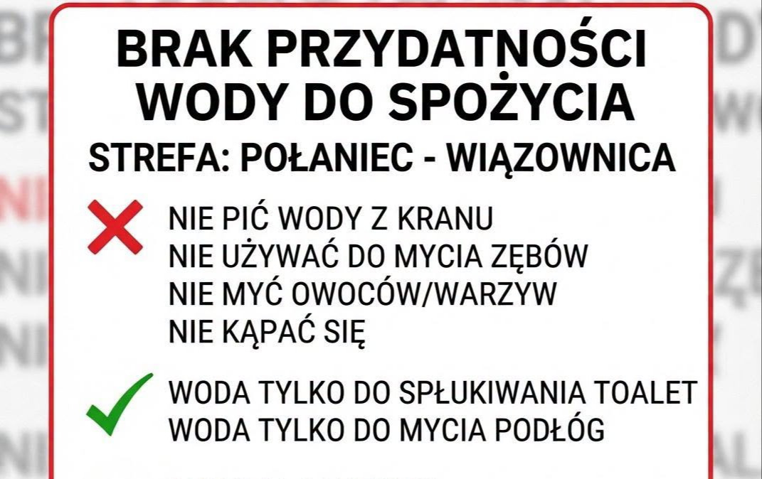 Zdjęcie do PILNY KOMUNIKAT: Brak przydatności wody do spożycia na terenie całej Gminy Połaniec